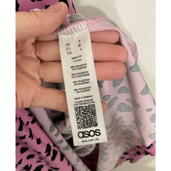 ASOS Pink Leopard Midi Wrap Dress Size 4 Small V-Neck Stretch Elastic Waist - Picture 8 of 9
